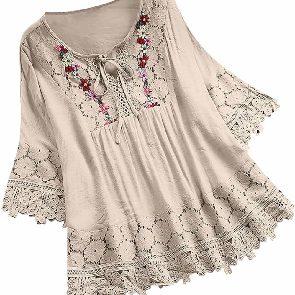 Cotton Poly Embroidered 3/4 Sleeve Boho Top -Beige and multicolor Size SMALL